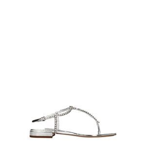 Miu Miu Metallic Rhinestone Leather Flip Flops Women Gray Sandals